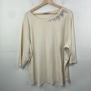 Quacker Factory Embellished Cream color 3/4 sleeve top round neck popover 3X